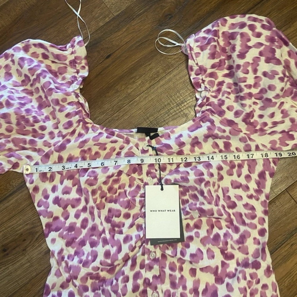 NWT leopard Linen Blend Puff Short Sleeve Dress Who What Wear Medium Midi purple - Picture 3 of 6